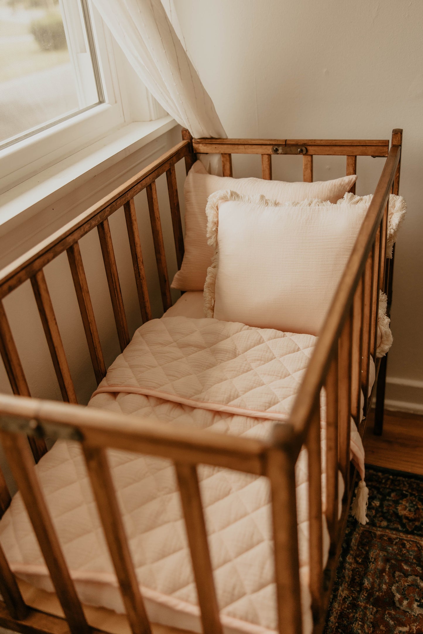 Soft Pink Muslin 3 Piece Portable Crib Set